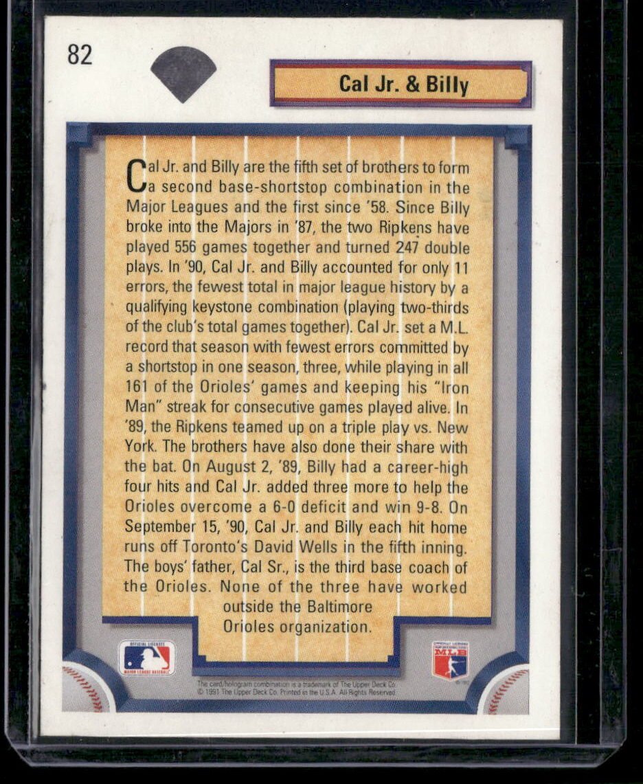1992 Upper Deck Bloodlines #82 Cal Ripken Jr. & Billy Ripken - Image 2