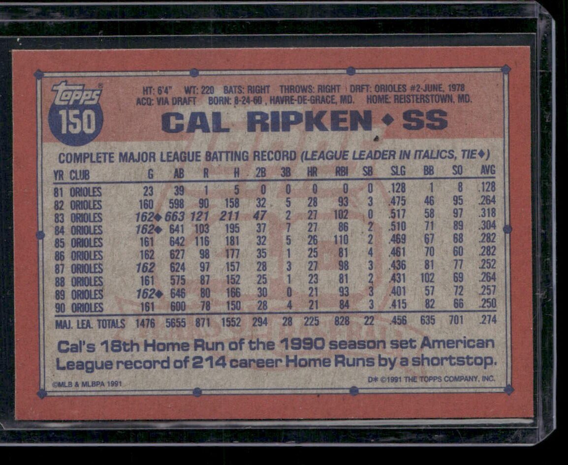 1991 Topps #150 Cal Ripken Jr. - Image 2