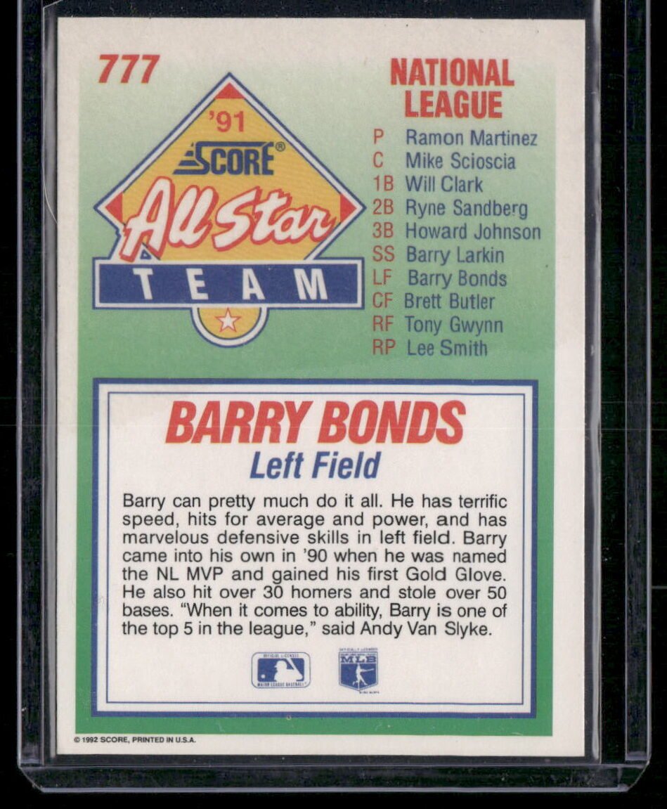 1992 Score #777 Barry Bonds - Image 2