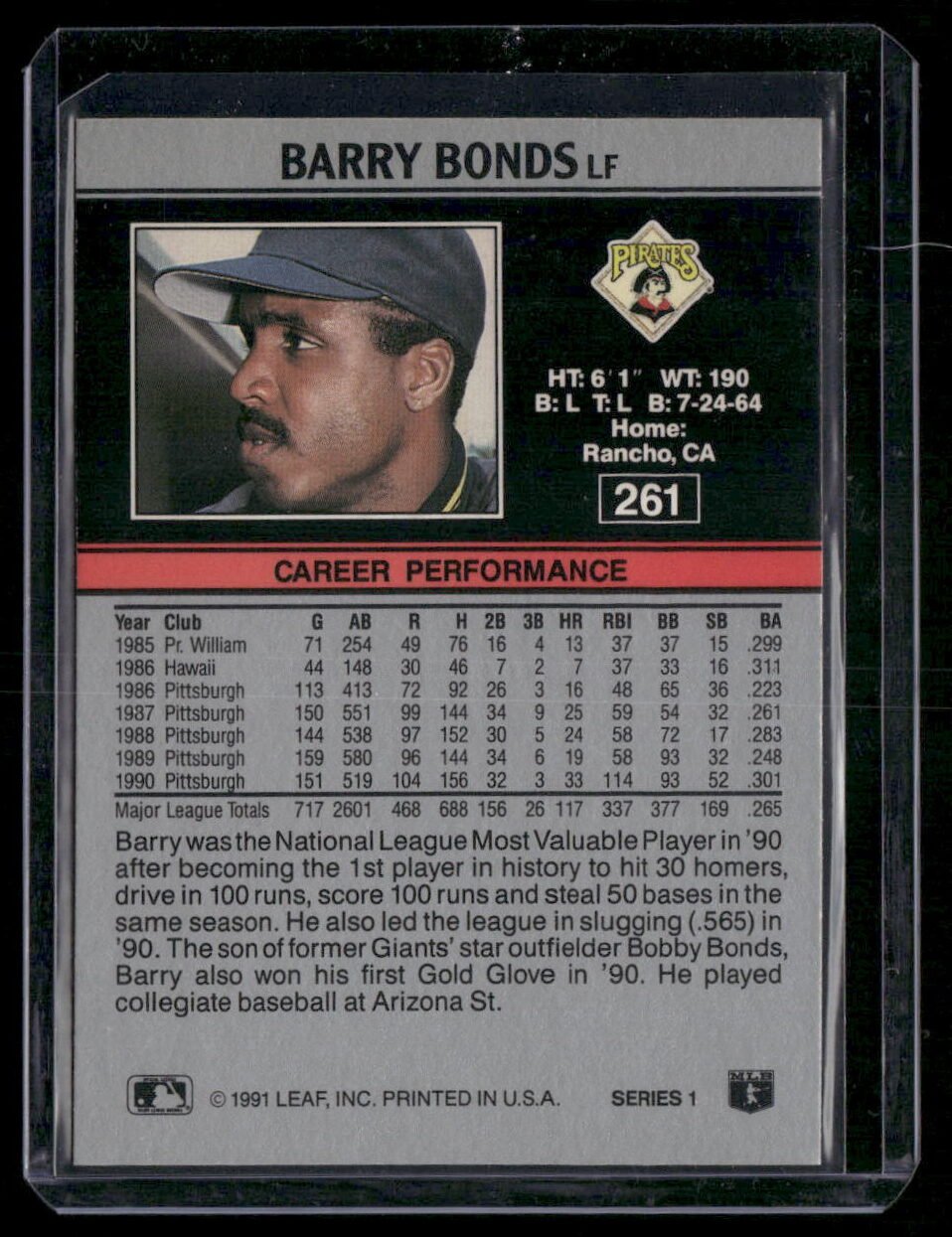 1991 Leaf #261 Barry Bonds - Image 2