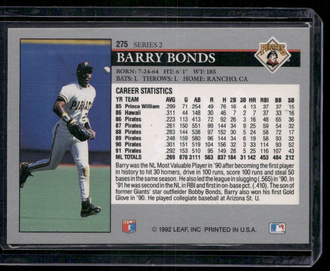 1992 Leaf #275 Barry Bonds - Image 2