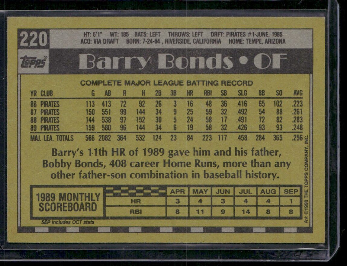 1990 Topps #220 Barry Bonds - Image 2
