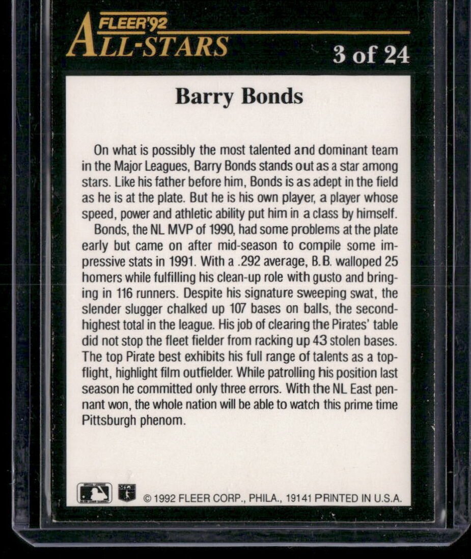 1992 Fleer All-Stars #3 Barry Bonds - Image 2