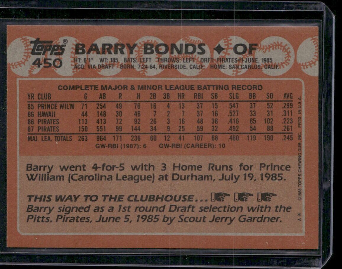 1988 Topps #450 Barry Bonds - Image 2