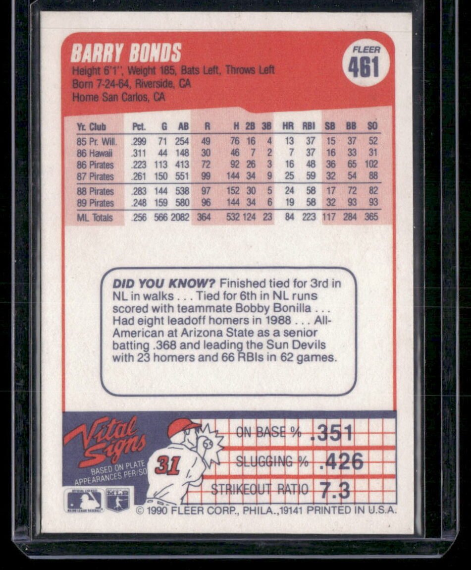 1990 Fleer #461 Barry Bonds - Image 2