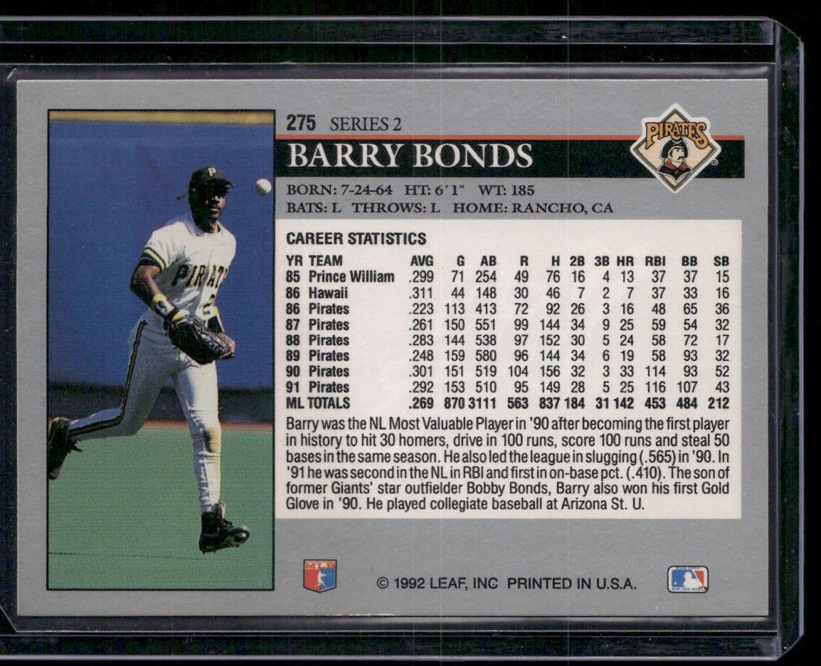 1992 Leaf #275 Barry Bonds - Image 2