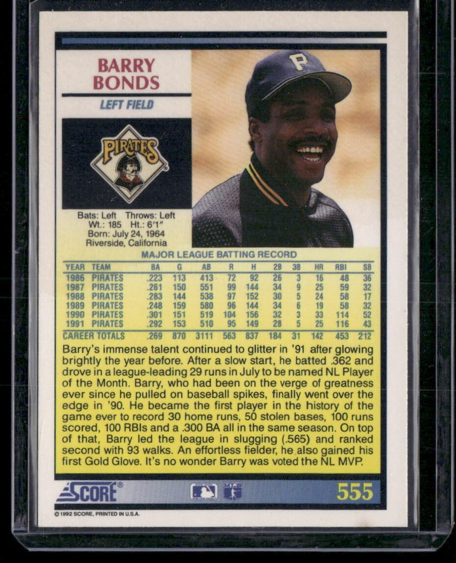 1992 Score #555 Barry Bonds - Image 2