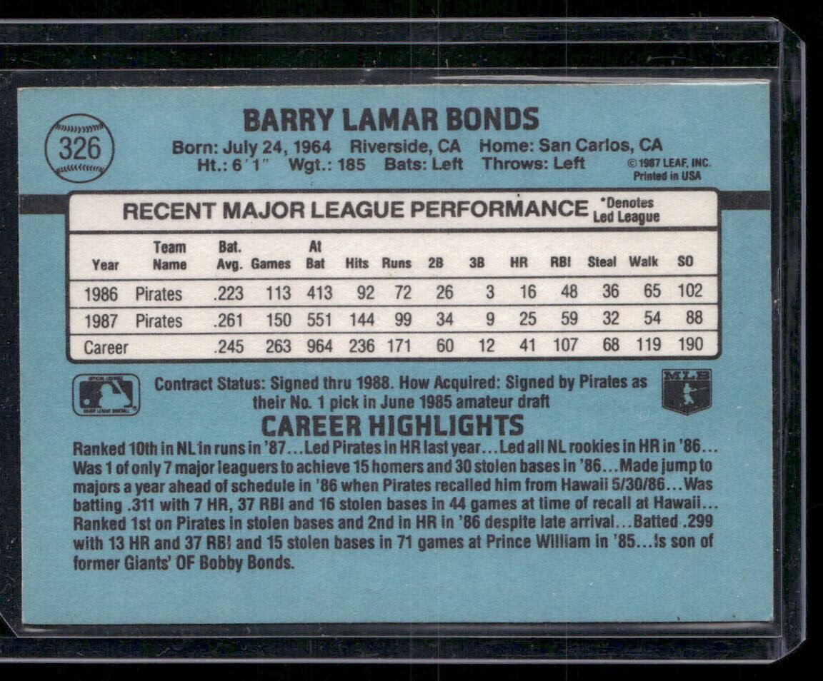 1988 Donruss #326 Barry Bonds - Image 2