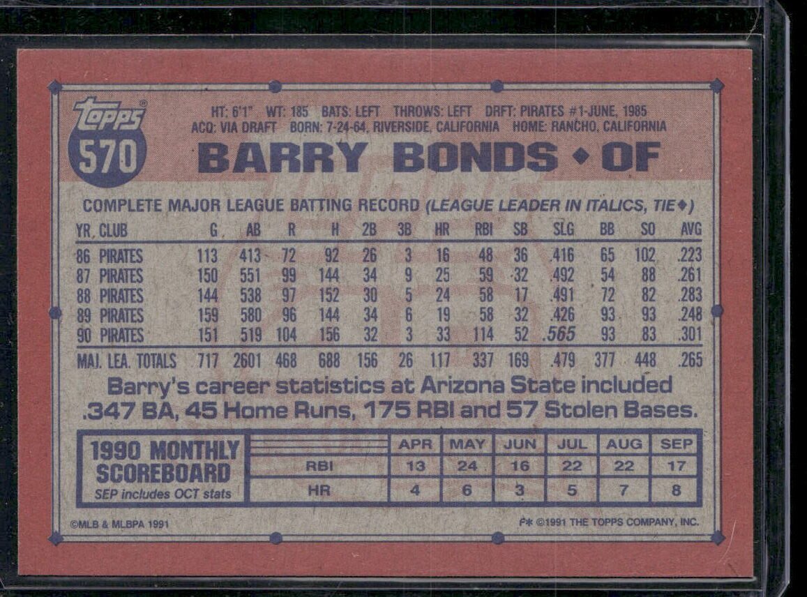 1991 Topps #570 Barry Bonds - Image 2