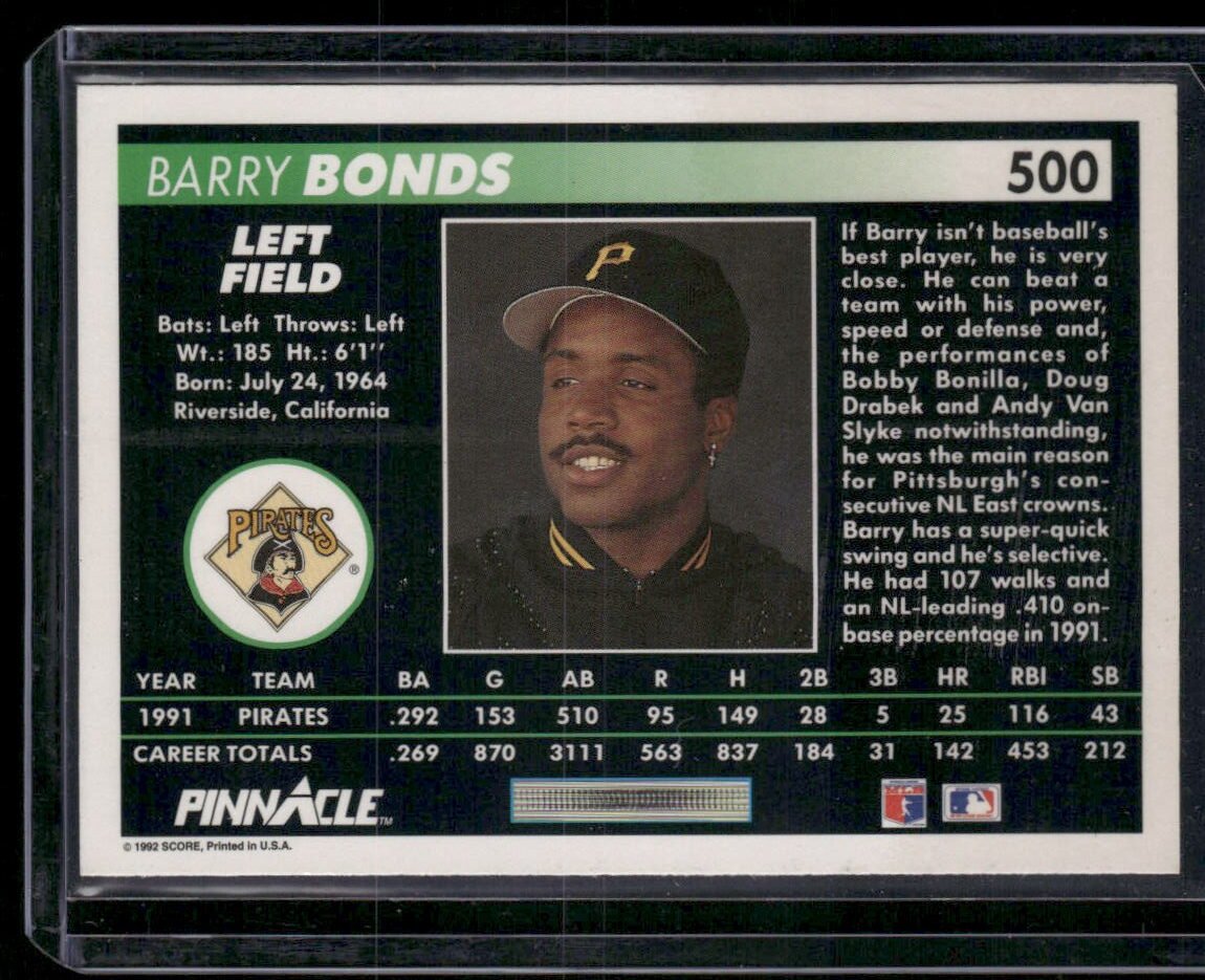 1992 Pinnacle #500 Barry Bonds - Image 2