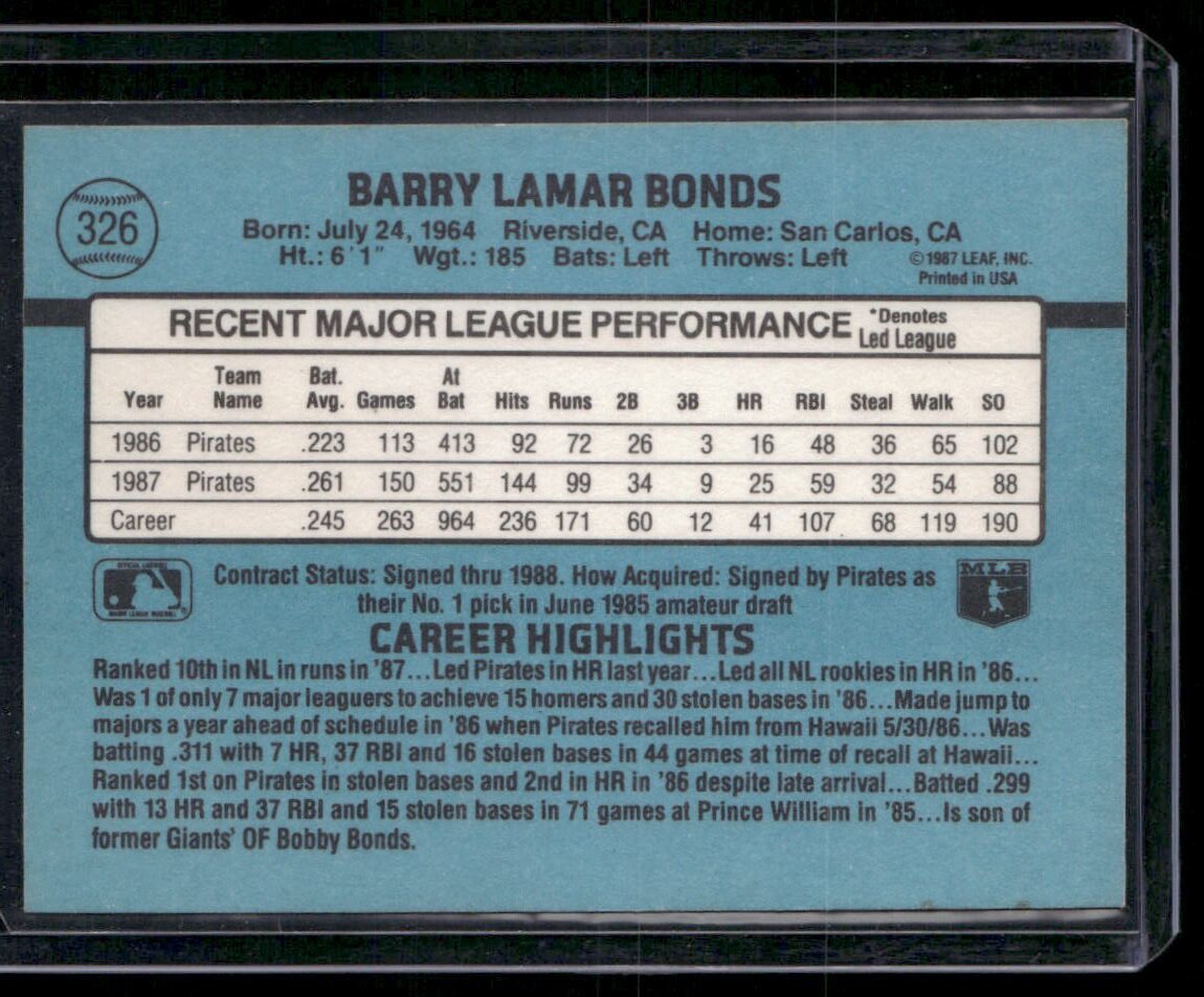 1988 Donruss #326 Barry Bonds - Image 2