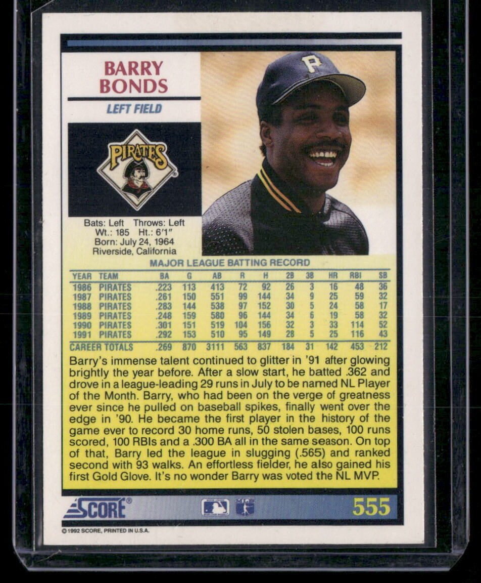 1992 Score #555 Barry Bonds - Image 2