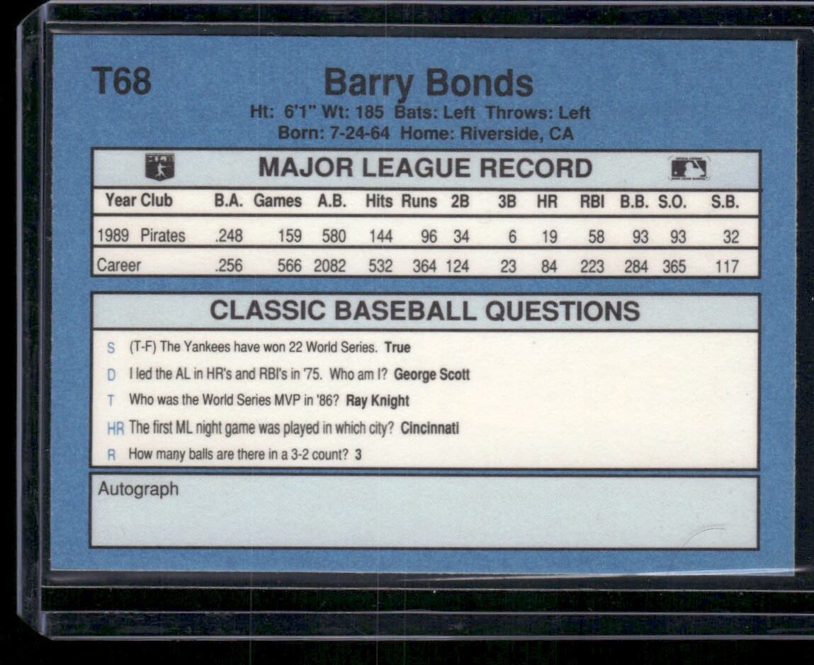 1990 Classic Baseball #T68 Barry Bonds - Image 2