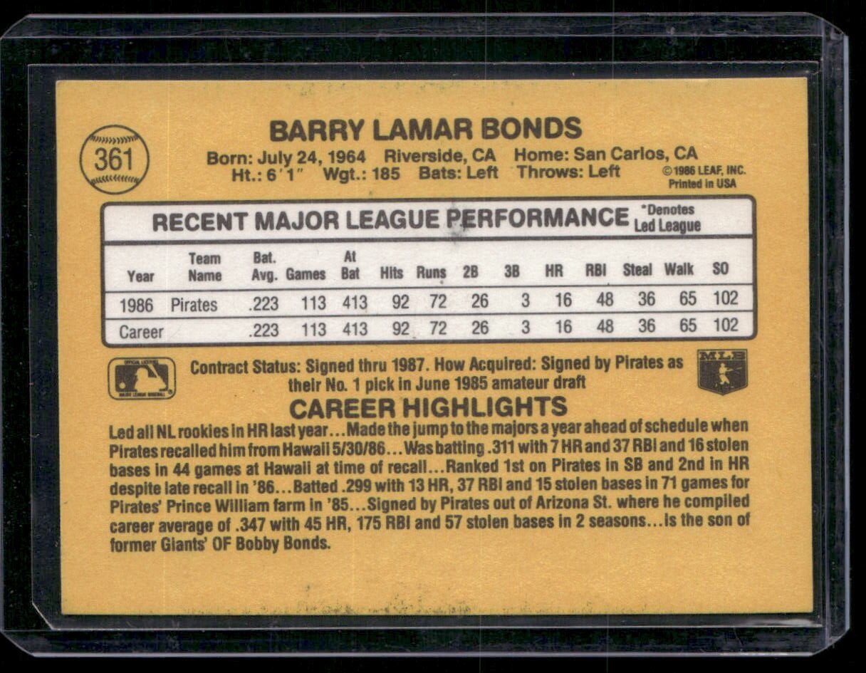 1987 Donruss #361 Barry Bonds - Image 2