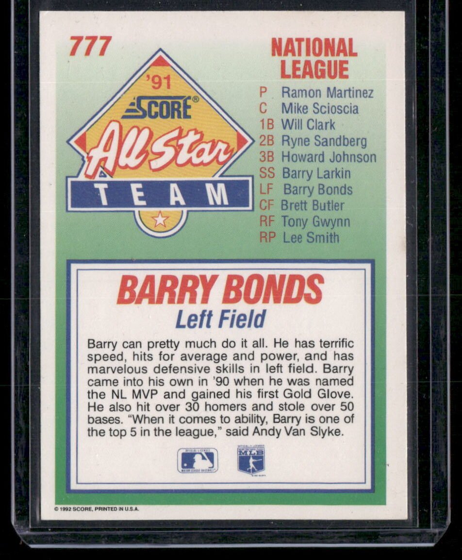 1992 Score All Star #777 Barry Bonds - Image 2