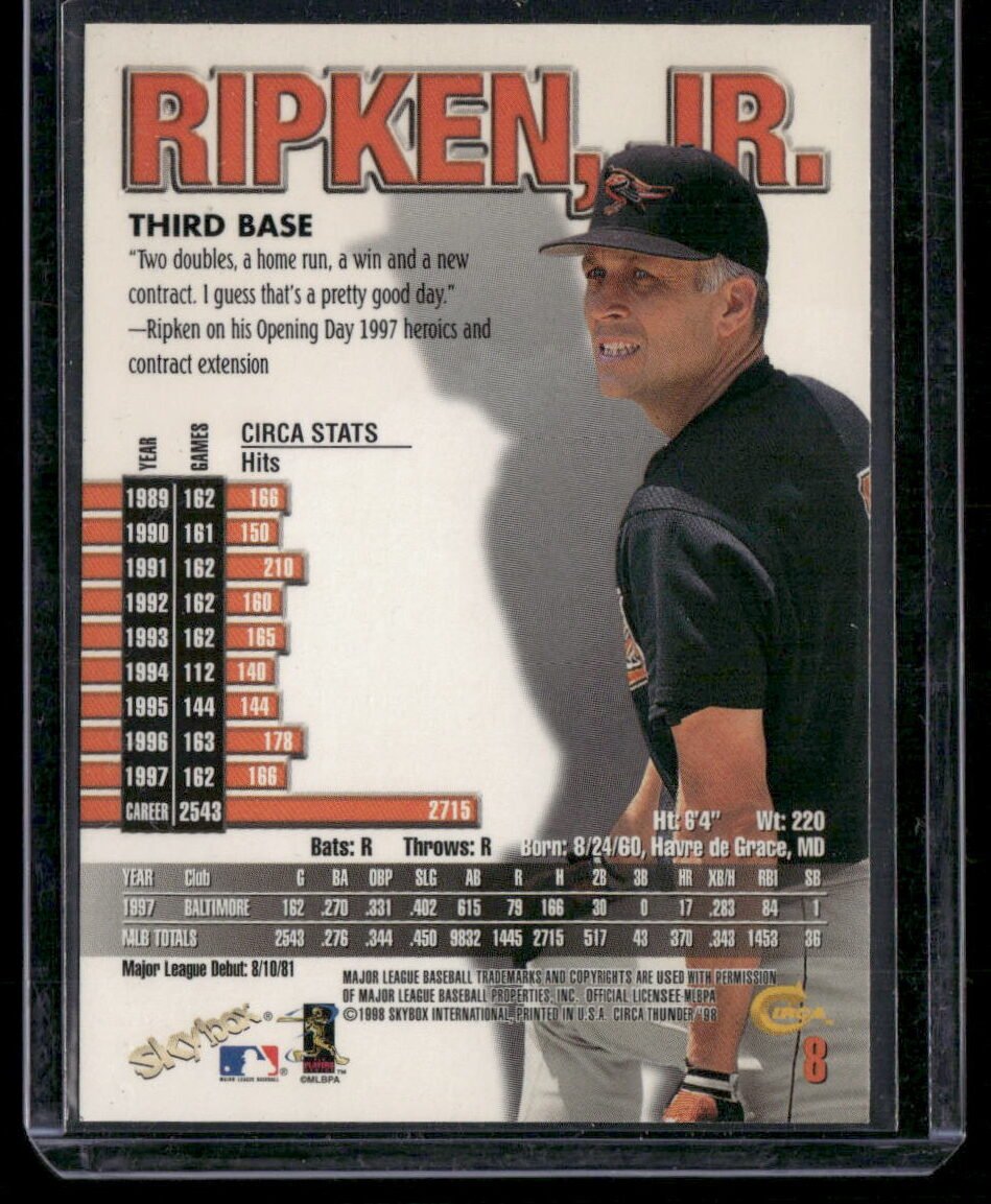 1998 Skybox Thunder #8 Cal Ripken Jr. - Image 2